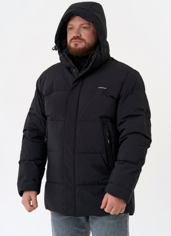 Мужской пуховик черного цвета с капюшоном