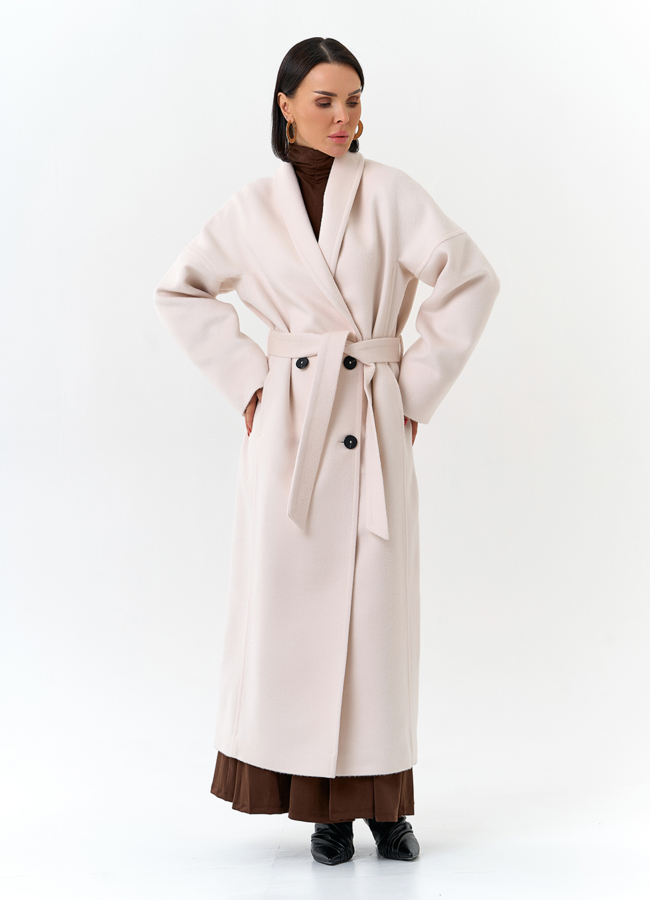 Светлое женское пальто с воротником шаль модель № 32726 в рассрочку