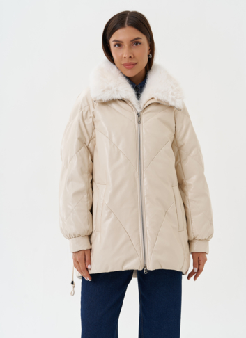 Пуховик из эко кожи с воротником из эко меха