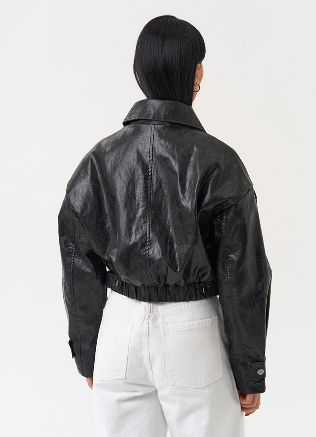 фото Куртка бомбер из эко кожи черного цвета модель № 30458