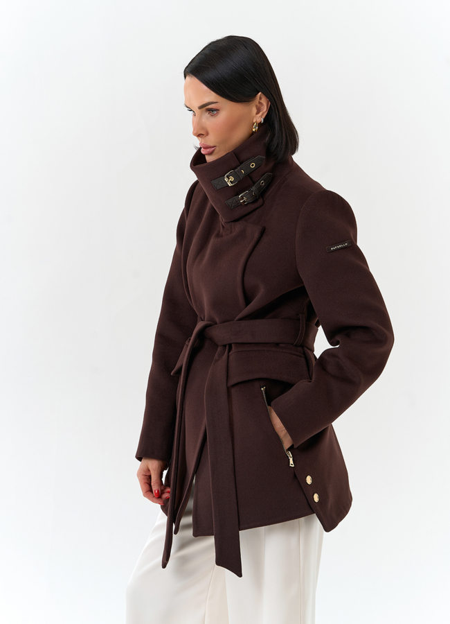 фото Женское укороченное пальто с воротником стойкой модель № 32553