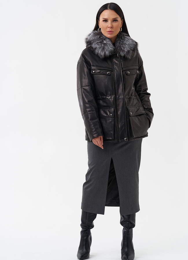 фото Кожаный пуховик с мехом модель № 29405