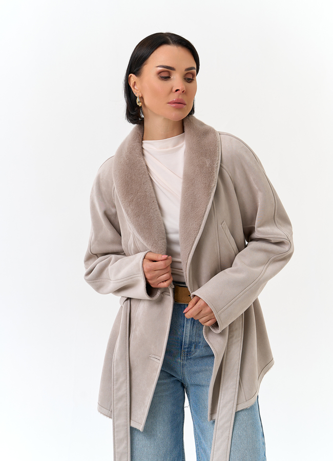 Женская дубленка из эко замши с поясом модель № 32793 универмаг малина