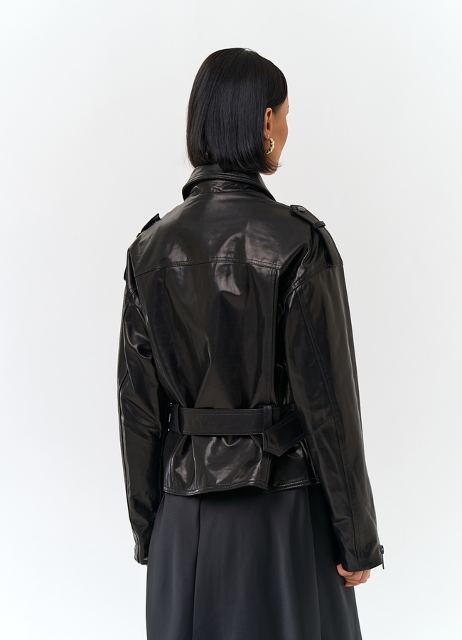 Женская куртка из натуральной кожи с поясом модель № 29916 в рассрочку