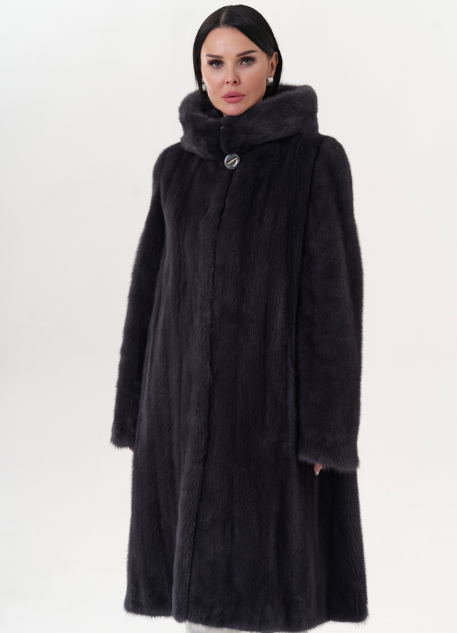 Шуба из норки классическая с капюшоном цвете графит модель № 24816 в кредит