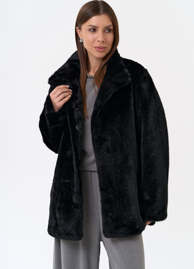 Женская шуба из эко меха в черном цвете модель № 31251 в рассрочку