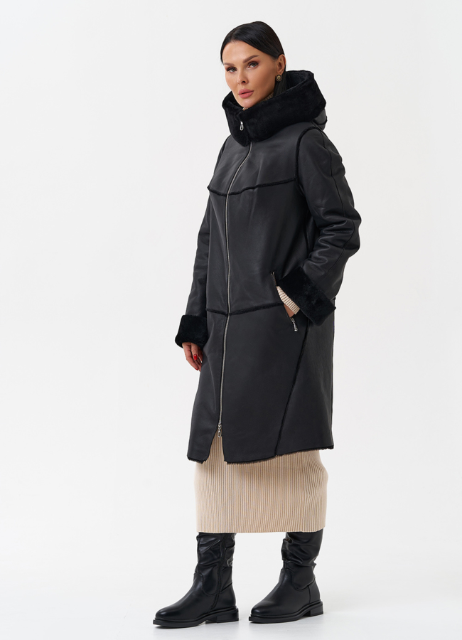 Натуральная дубленка с капюшоном модель № 28958 в кредит