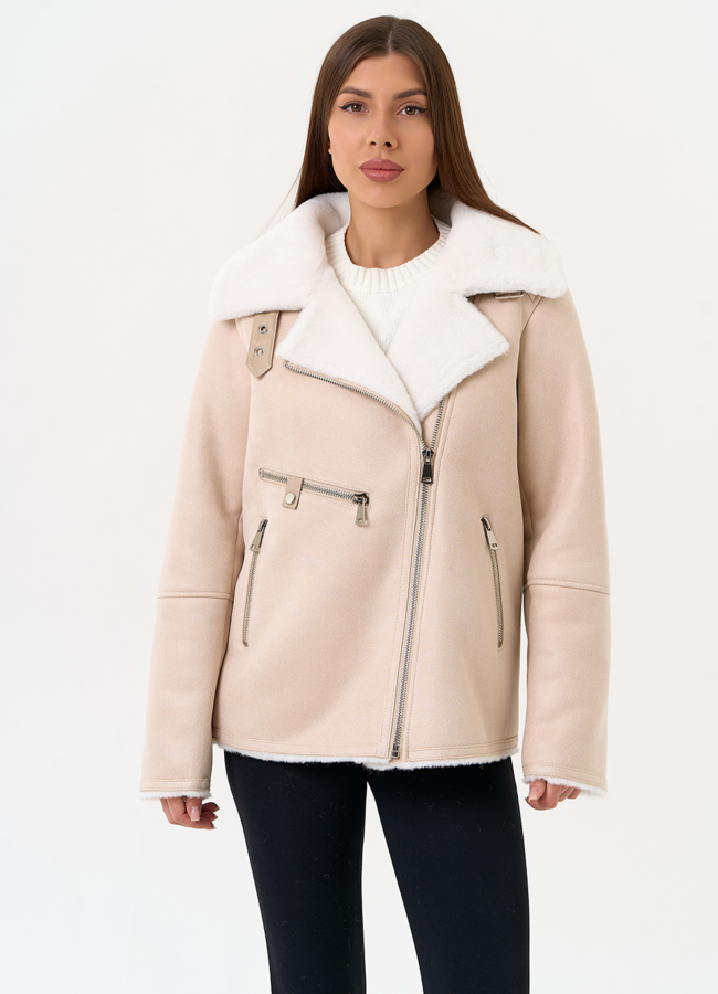 Светлая дубленка из эко замши модель № 31509 меха малина