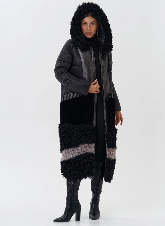 Комбинированный пуховик с капюшоном фото
