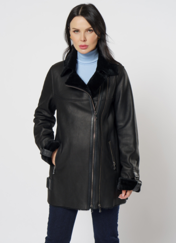 Удлиненная дубленка из овчины черного цвета