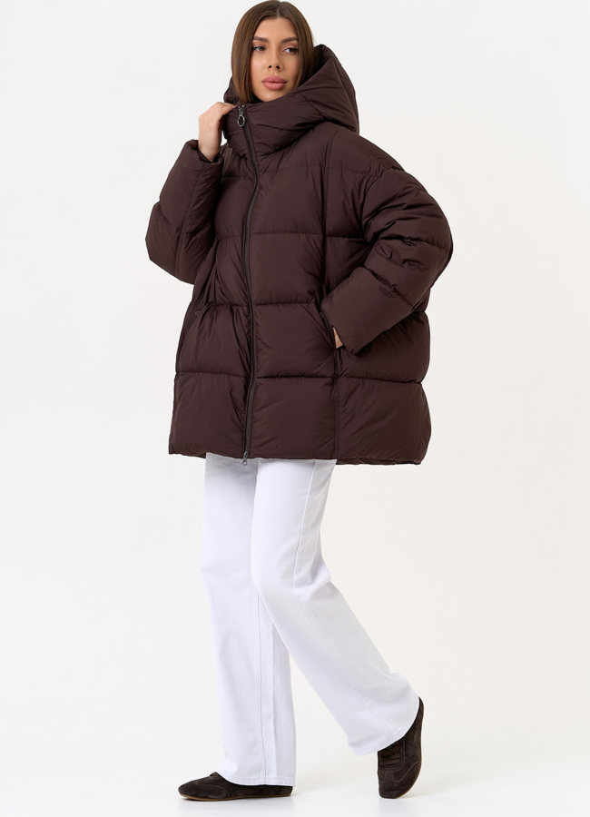 Женский пуховик коричневого цвета с капюшоном модель № 31591 универмаг малина