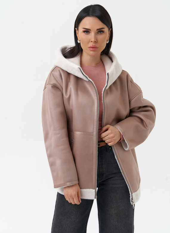 Женская дубленка из эко замши с капюшоном