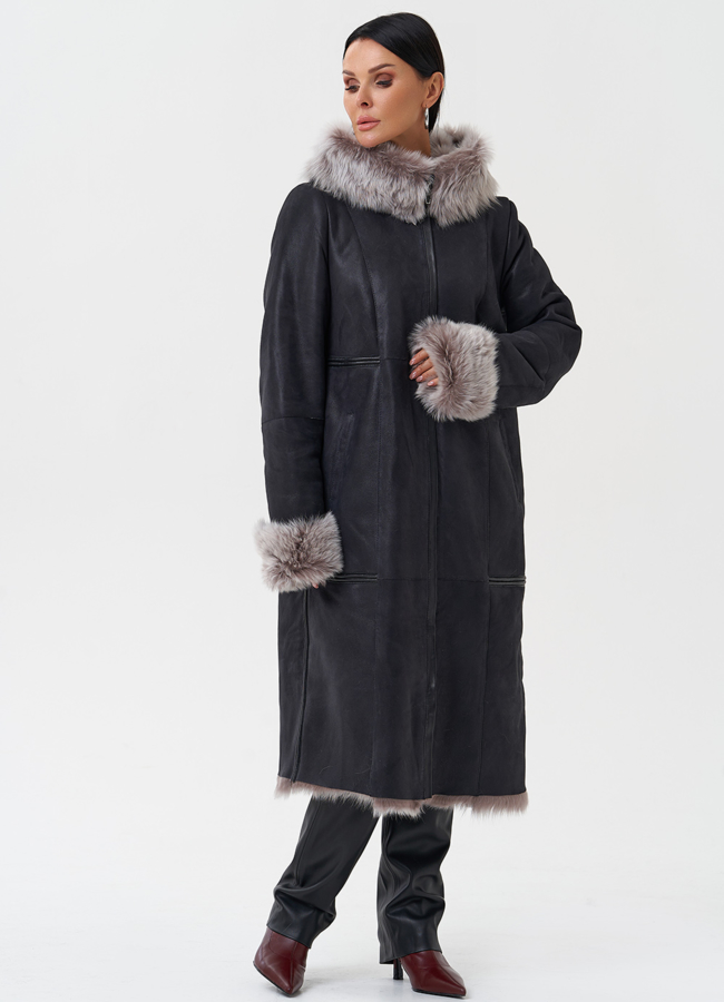 Дубленка с отделкой из тосканы с капюшоном модель № 28699 в кредит