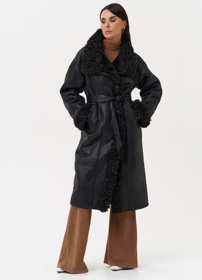 Женская дубленка из эко замши с поясом модель № 31280 универмаг малина