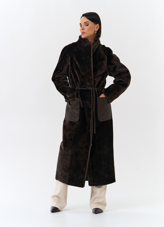 Женская дубленка с декоративным поясом модель № 32085 в рассрочку