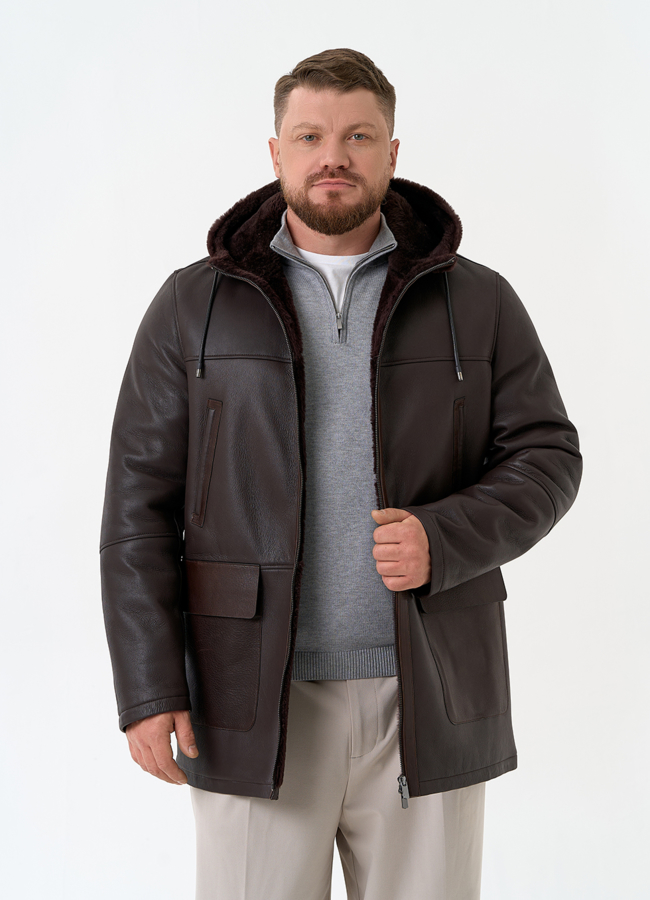 Мужская натуральная дубленка с капюшоном модель № 32059 универмаг малина