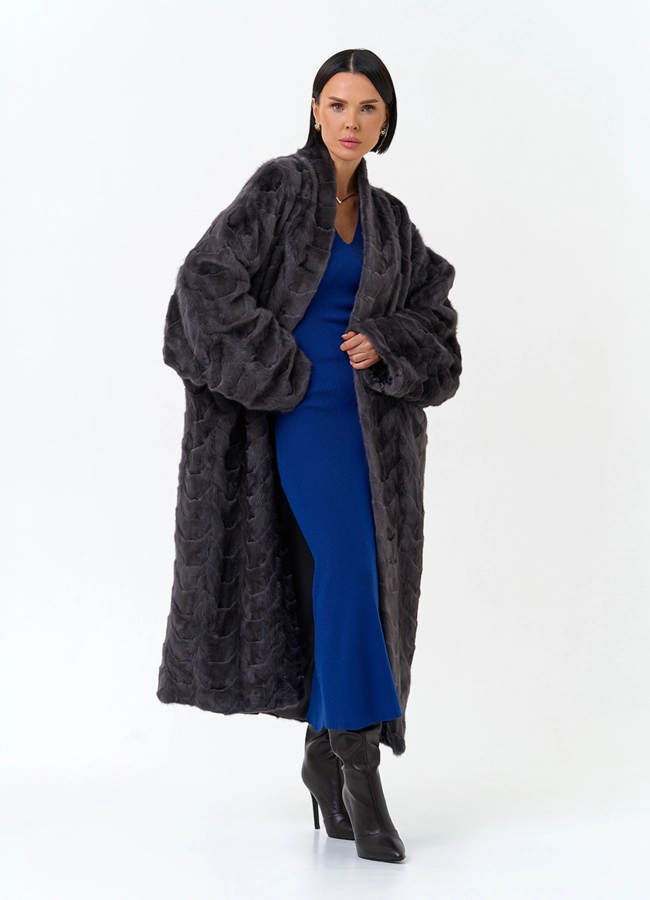 Длинная шуба из меха норки  модель № 34372 меха малина фото