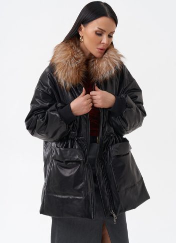 Кожаный пуховик с мехом