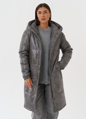 Пуховик из эко кожи с капюшоном