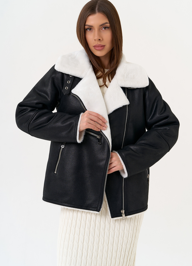 Женская дубленка из эко замши черного цвета модель № 31514 универмаг малина