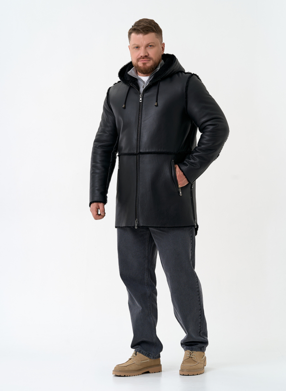 Мужская натуральная дубленка с капюшоном
