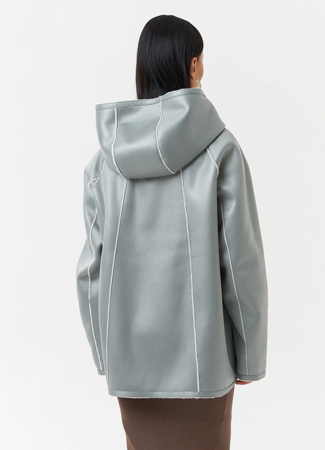Женская дубленка из эко замши с капюшоном модель № 30204 в рассрочку