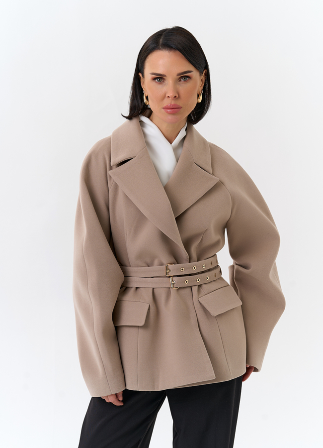 Женское укороченное пальто с двойным поясом модель № 32503 меха малина