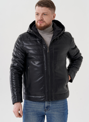 Мужская куртка из эко кожи с капюшоном 