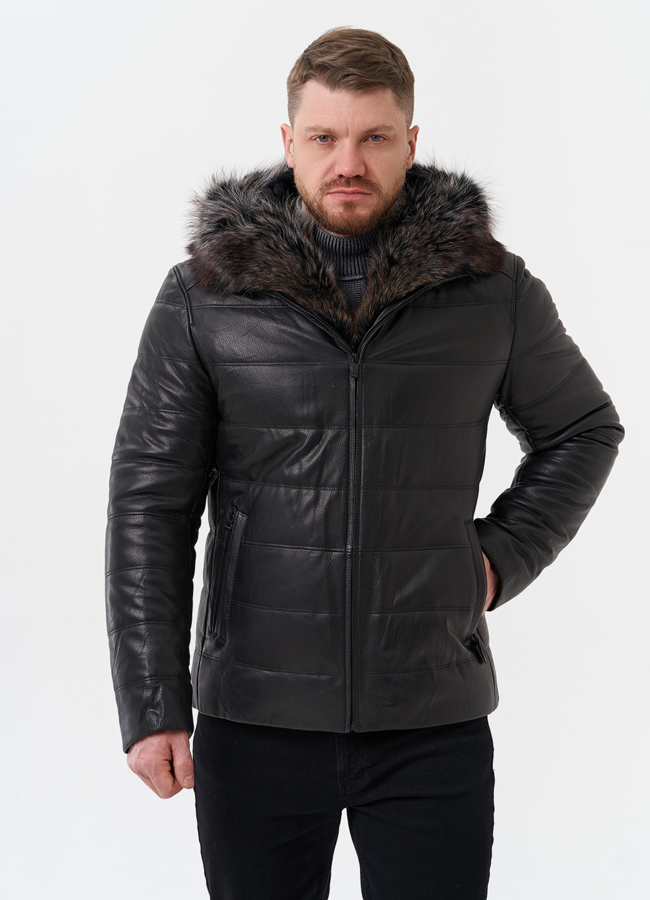 Пуховик из натуральной кожи с капюшоном из меха енота модель № 25455 универмаг малина