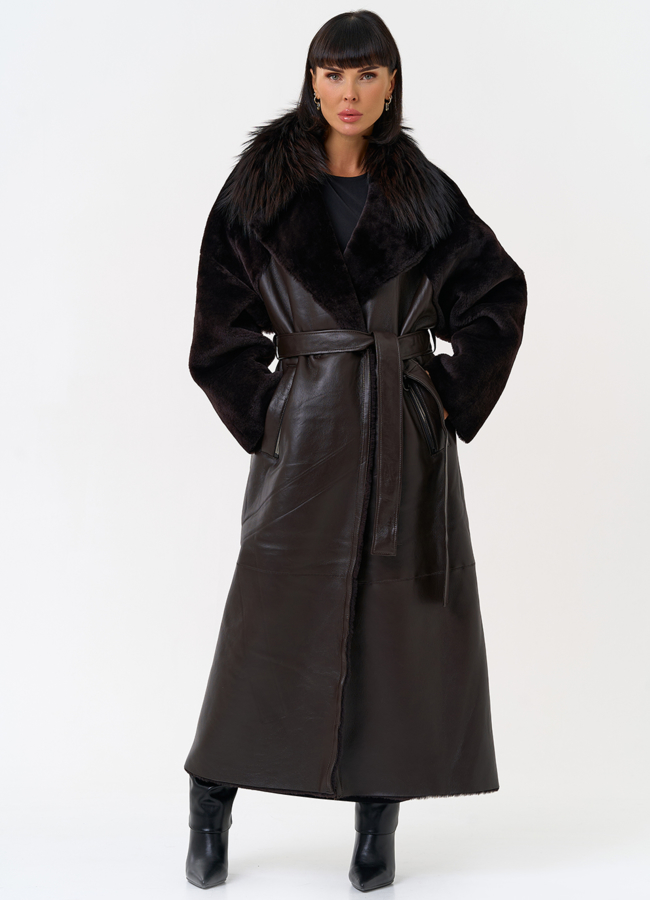 Женская натуральная дубленка с воротником из меха лисы модель № 31609 в кредит