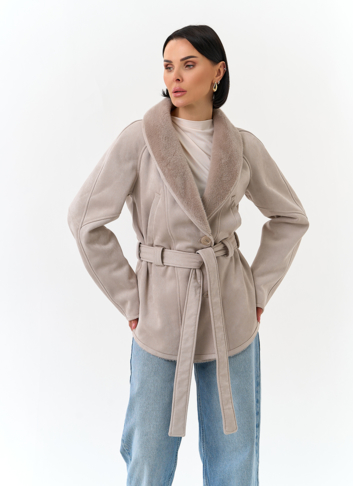 Женская дубленка из эко замши с поясом