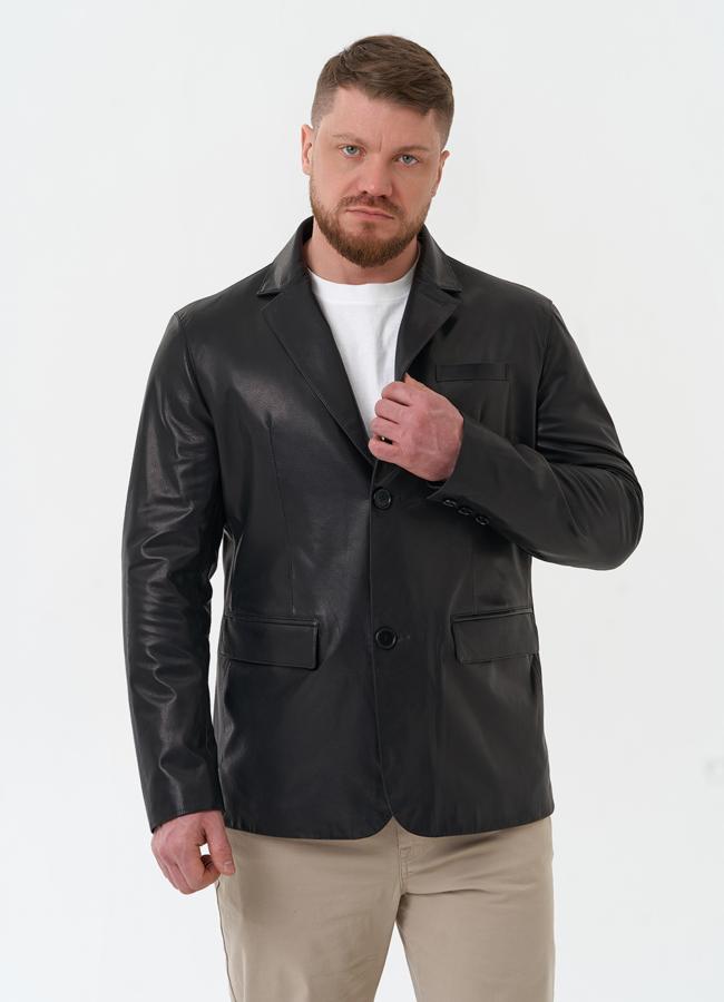 Мужской пиджак из натуральной кожи модель № 30072 меха малина