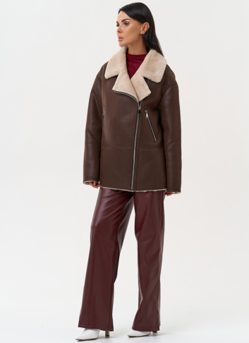 Женская дубленка из эко замши с воротником