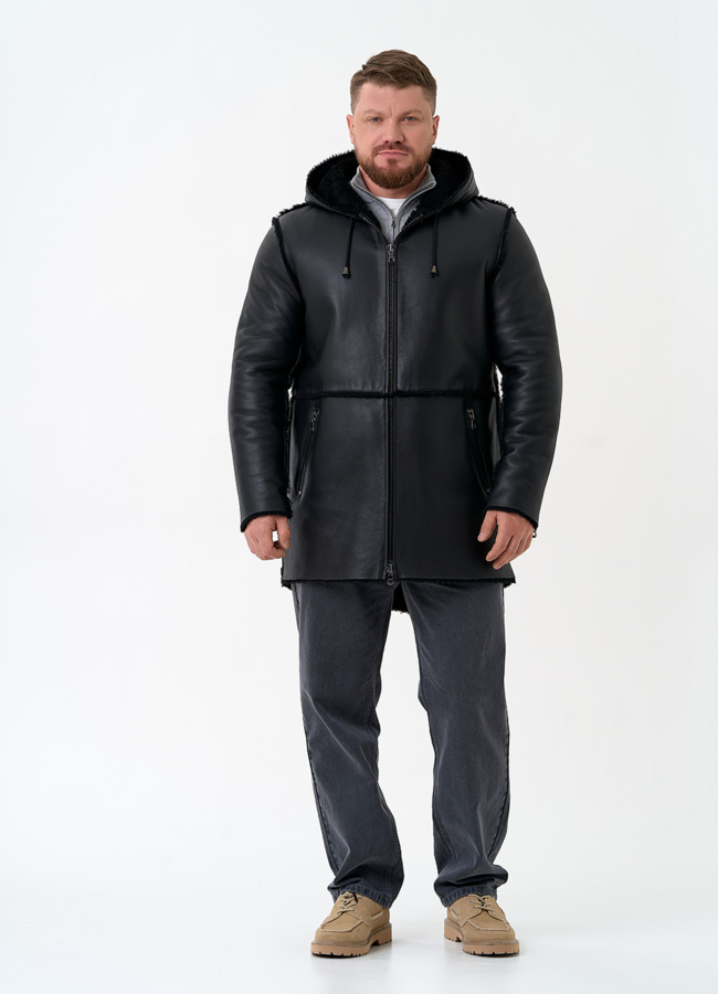 Мужская натуральная дубленка с капюшоном модель № 32060 в кредит