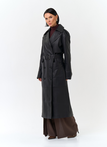 Женский плащ из натуральной кожи с поясом