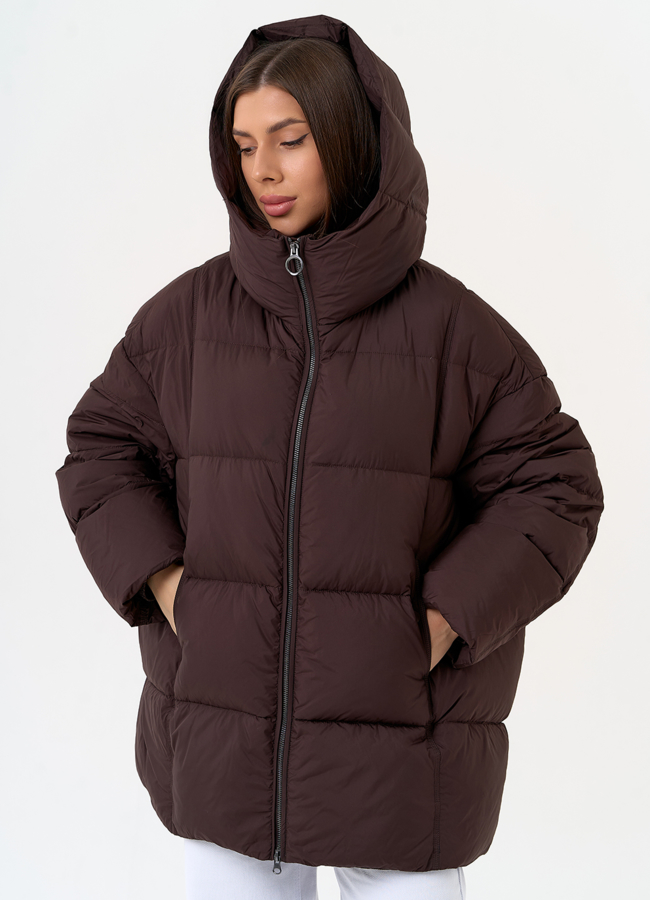 Женский пуховик коричневого цвета с капюшоном модель № 31591 универмаг малина