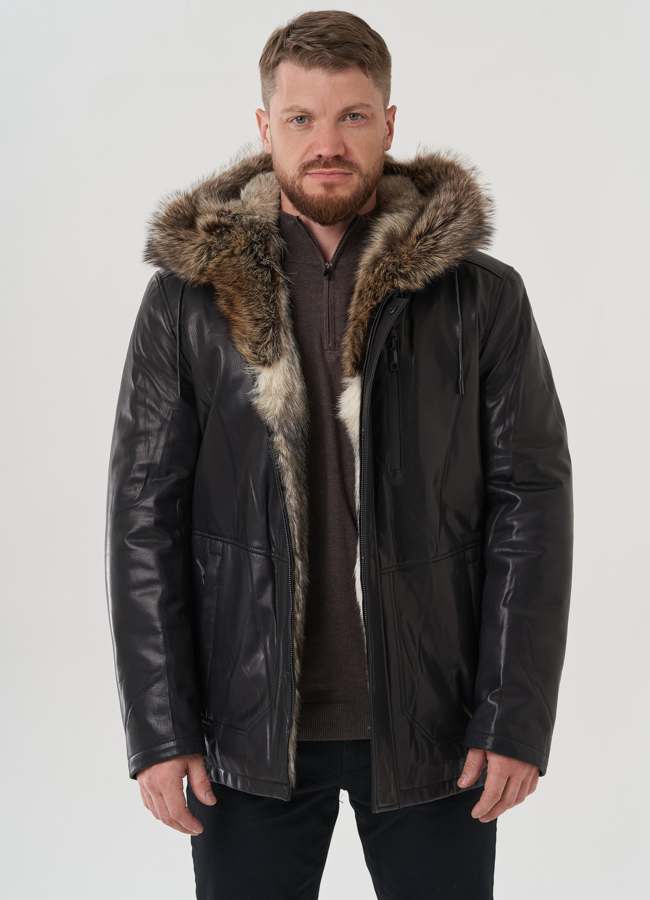 Мужская куртка с капюшоном на мехе из волка модель № 25614 меха малина
