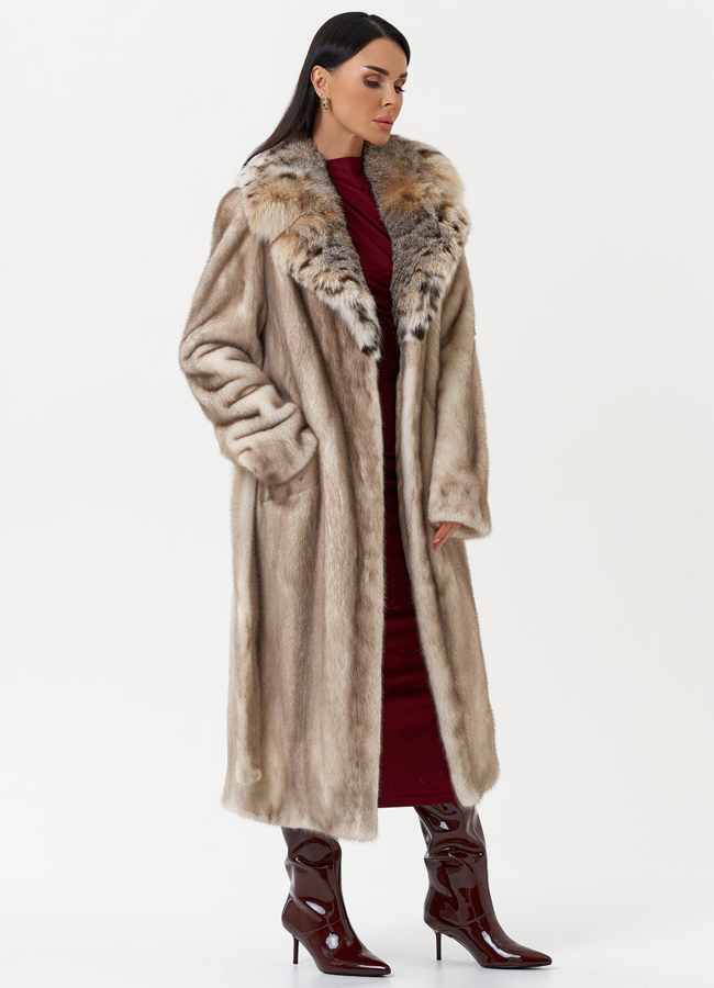 Женская шуба из меха норки с воротником из меха рыси модель № 30669 универмаг малина