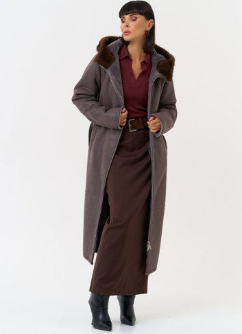 Женская дубленка из эко замши с поясом